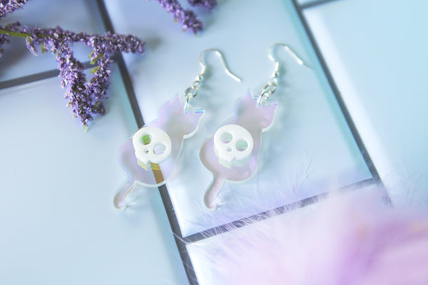 Iridescent skull cat earrings